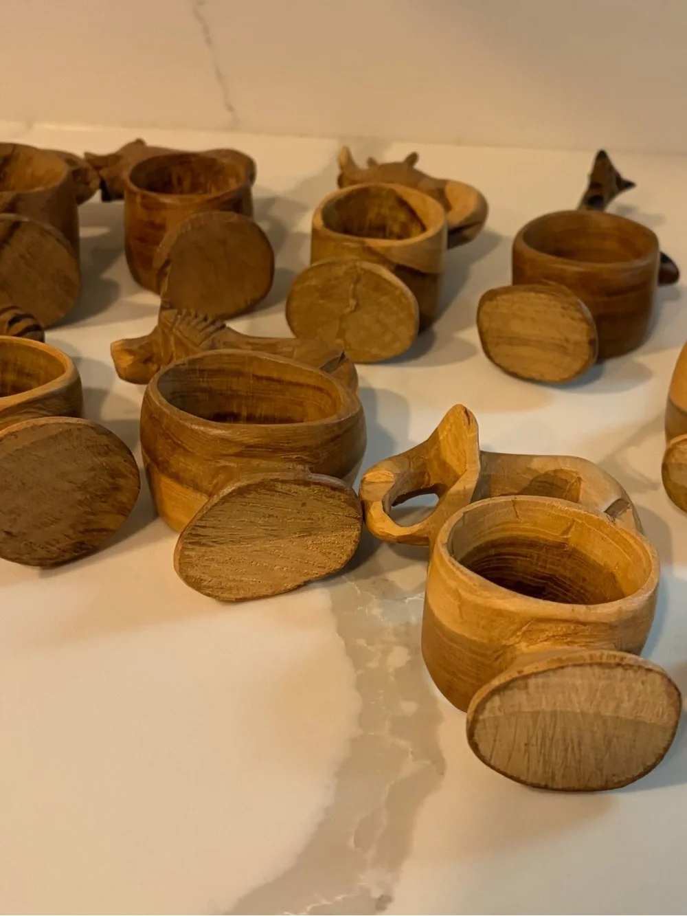 1970s Vintage Hand Carved Wooden Safari Animal Napkin Rings Set of 12